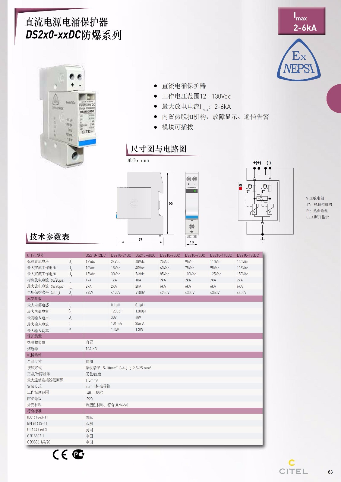 直流防雷器DS50PV-1000-30系列技術(shù)參數(shù)、規(guī)格尺寸
